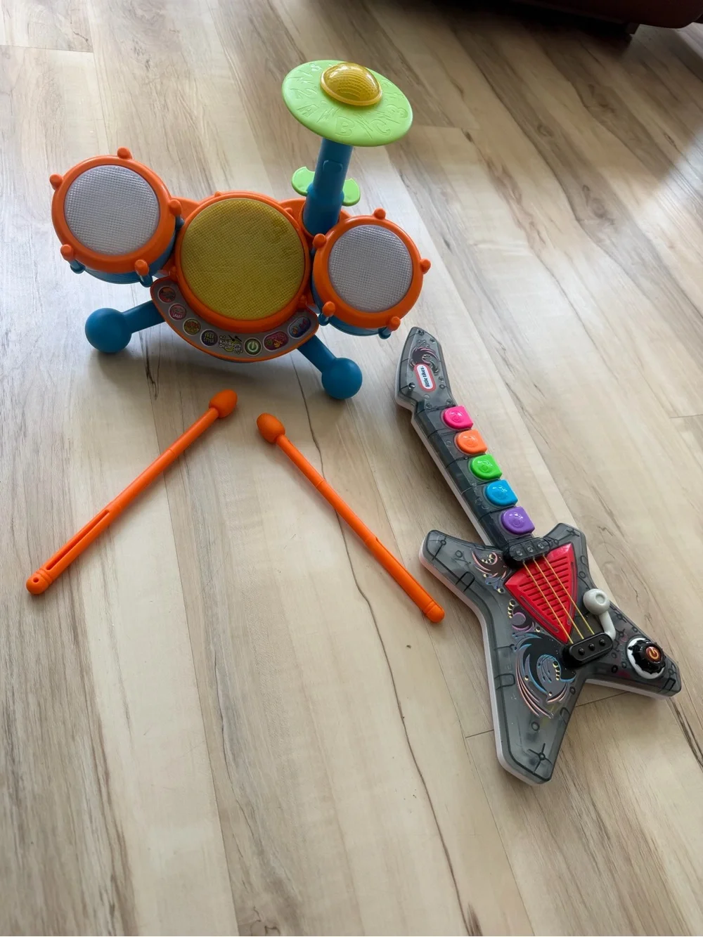 Kids Orange Electronic Drum Set and Toy Guitar - Unbranded